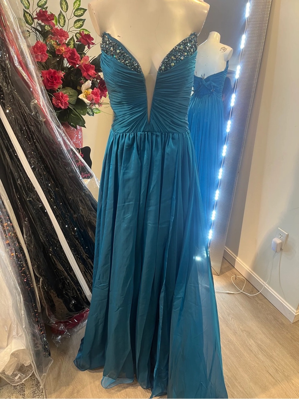 Teal Beaded Plunge Prom Gown